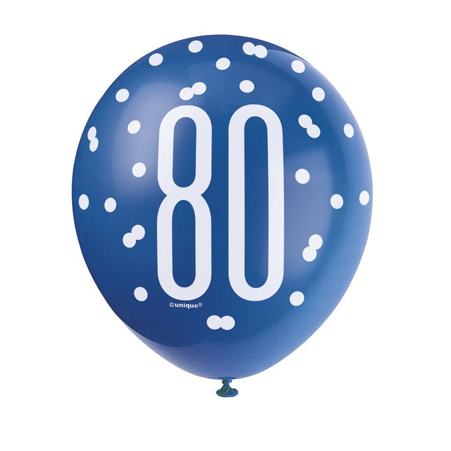 Ballonnen 80 Jaar Stippen Blauw 30cm 6st van Unique koop je bij Partywinkel