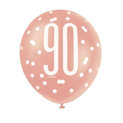 Ballonnen 90 Jaar Rose Goud 30cm 6st van Unique koop je bij Partywinkel