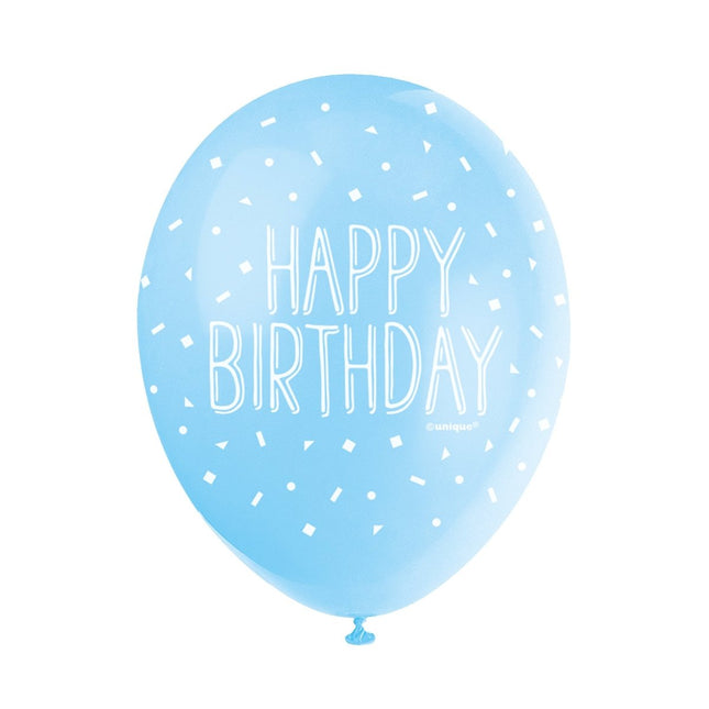 Ballonnen Happy Birthday Confetti Blauw 30cm 5st van Unique koop je bij Partywinkel