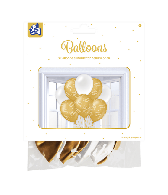 Ballonnen Happy Birthday Goud Wit 30cm 8st van Paper Dreams koop je bij Partywinkel