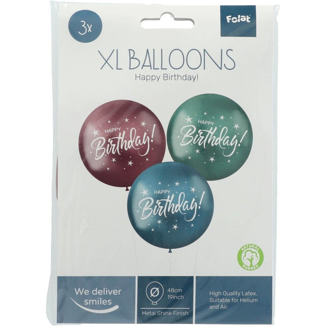 Ballonnen Happy Birthday Paars Groen Blauw 48cm 3st van Folat koop je bij Partywinkel