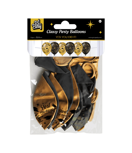 Ballonnen You Did It Goud Zwart 30cm 6st van Paper Dreams koop je bij Partywinkel