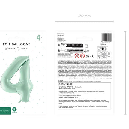 4 Jahre Figur Ballon Mintgrün Leer 72cm