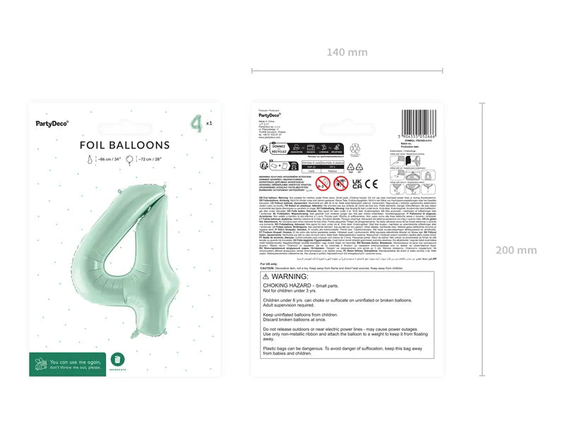 4 Jahre Figur Ballon Mintgrün Leer 72cm