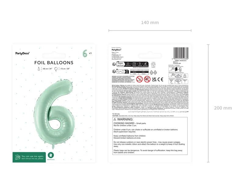 6 Jahre Figur Ballon Mintgrün Leer 72cm