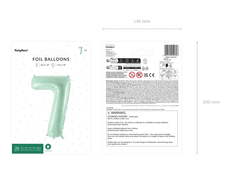 7 Jahre Figur Ballon Mintgrün Leer 72cm