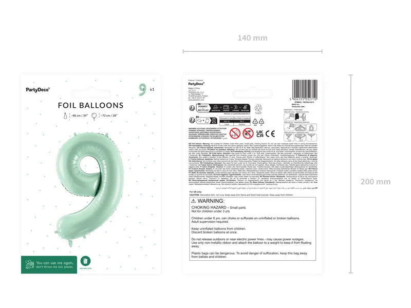 9 Jahre Figur Ballon Mintgrün Leer 72cm