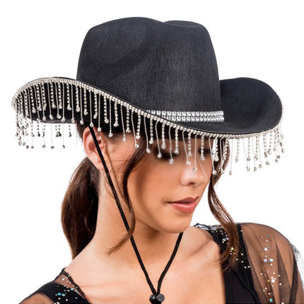 Schwarzer Cowboyhut mit hängendem Strass – Einheitsgröße