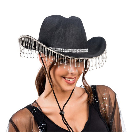 Schwarzer Cowboyhut mit hängendem Strass – Einheitsgröße
