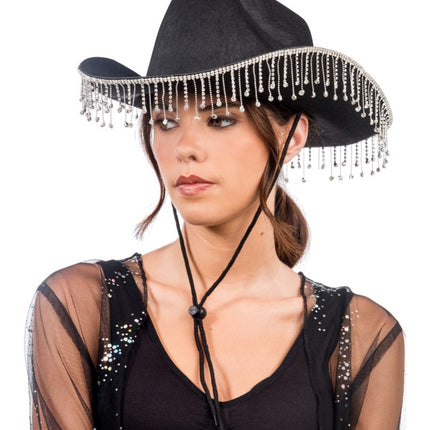 Schwarzer Cowboyhut mit hängendem Strass – Einheitsgröße