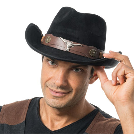 Schwarzer Cowboyhut mit Stierkopf – Einheitsgröße