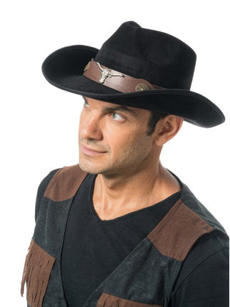 Schwarzer Cowboyhut mit Stierkopf – Einheitsgröße
