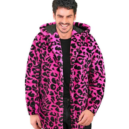 Bontjas Met Muts Pluche Luipaard Neon Roze van Widmann koop je bij Partywinkel