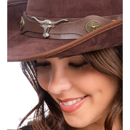 Brauner Cowboyhut mit Stierkopf – Einheitsgröße