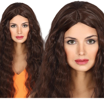 Bruine Pruik Lang Haar Golvend van Fiestas Guirca koop je bij Partywinkel