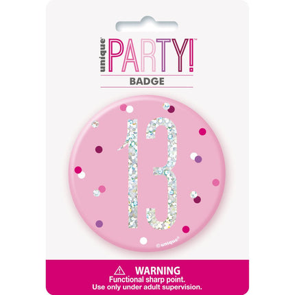 Button 13 Jaar Roze 7cm van Unique koop je bij Partywinkel