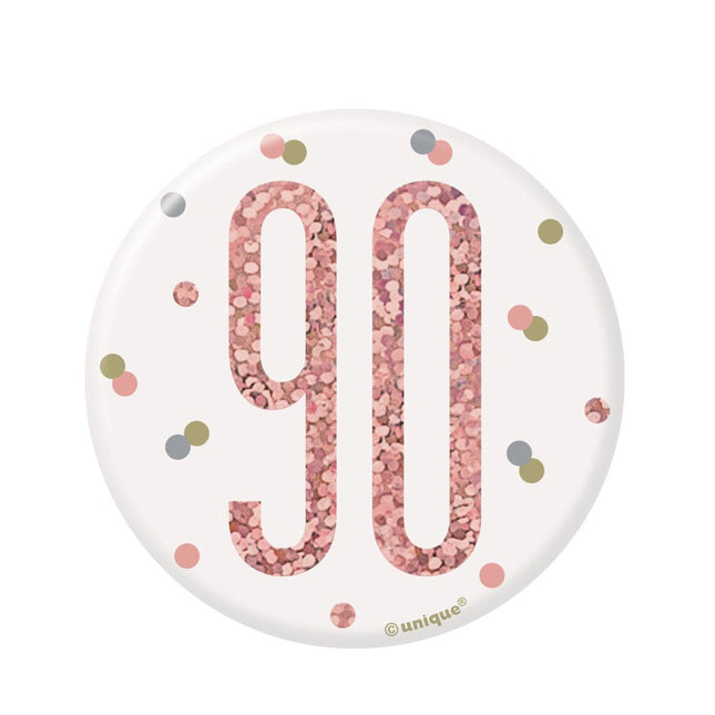 Button 90 Jaar Rose Goud 8cm van Unique koop je bij Partywinkel