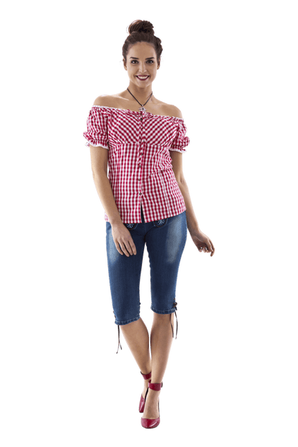 Carmenblouse rood - wit ruit, striklint van Haus Huberts koop je bij Partywinkel