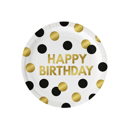 Happy Birthday Teller Schwarz-Gold-Punkte 23cm 8Stk.