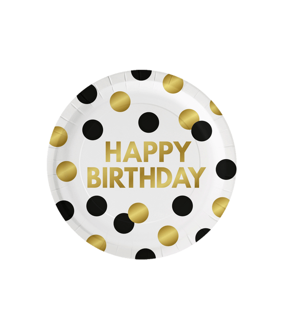 Happy Birthday Teller Schwarz-Gold-Punkte 23cm 8Stk.