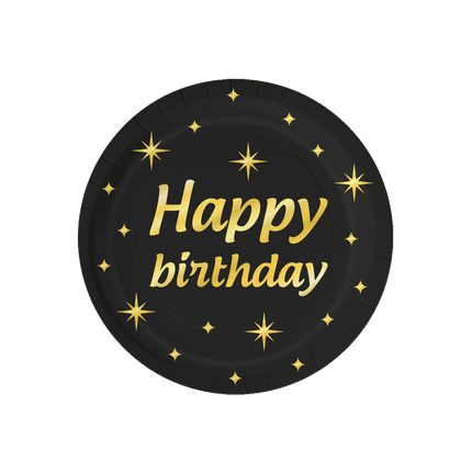 Happy Birthday Teller Schwarz Gold 23cm 8 Stück