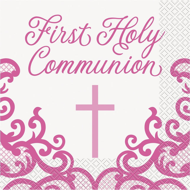 Communie Servetten Roze First Holy Communie 16st van Unique koop je bij Partywinkel