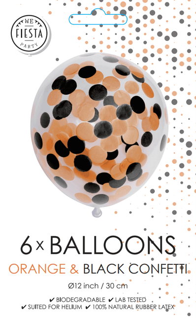 Confetti Ballonnen Oranje Zwart 30cm 6st van WeFiesta koop je bij Partywinkel