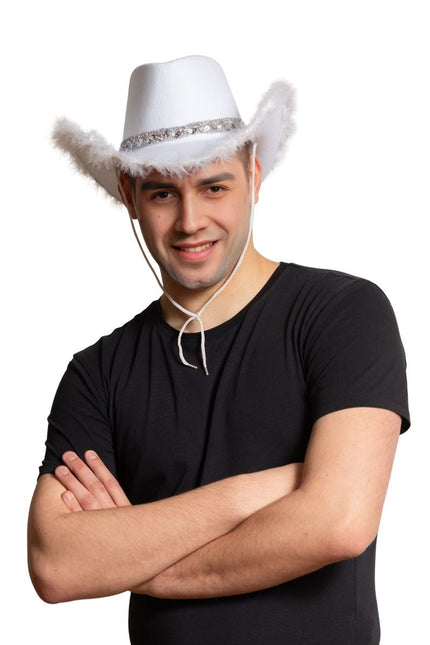 Cowboy Hoed Glitter met Bont Wit van Partychimp koop je bij Partywinkel