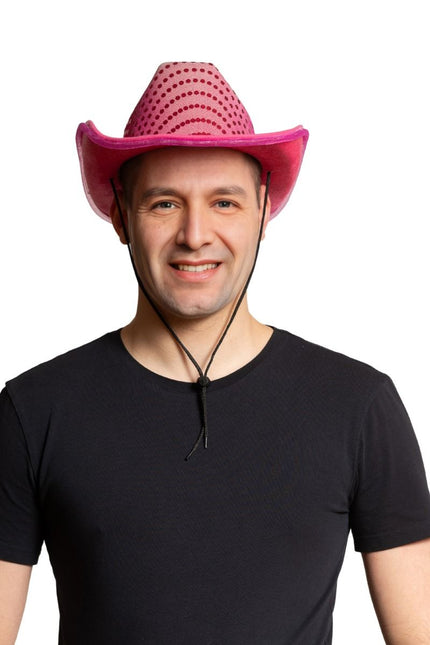 Cowboy Hoed Neon Roze Pailletten Met Licht van Partychimp koop je bij Partywinkel