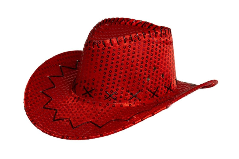 Cowboy Hoed Pailletten Rood van Partychimp koop je bij Partywinkel