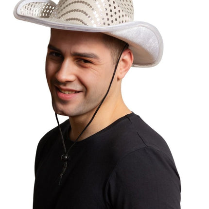 Cowboy Hoed Zilver Pailletten Met Licht van Partychimp koop je bij Partywinkel