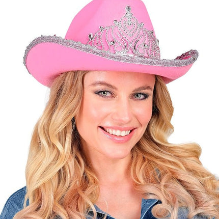 Cowboyhoed Partygirl Met Tiara Roze van Widmann koop je bij Partywinkel