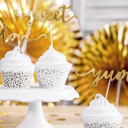 Cupcake Toppers Goud Sweet Love Yum 13cm 6st van Partydeco koop je bij Partywinkel