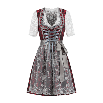 Dirndl 2-teilig, rot/silbergrau, Spitzenschürze