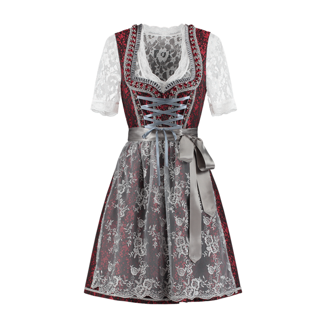 Dirndl 2-teilig, rot/silbergrau, Spitzenschürze