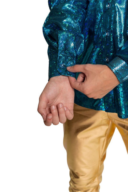 Disco 70S Blouse Blauw Glans van Partychimp koop je bij Partywinkel