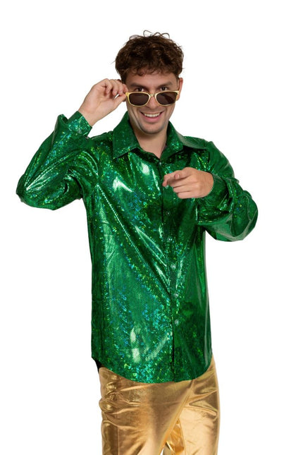 Disco 70S Blouse Groen Glans van Partychimp koop je bij Partywinkel
