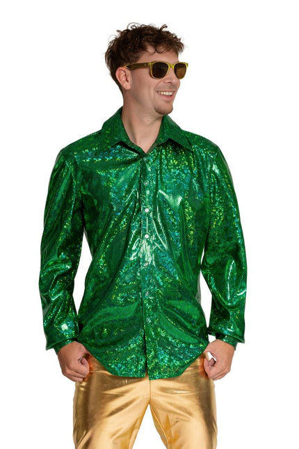 Disco 70S Blouse Groen Glans van Partychimp koop je bij Partywinkel