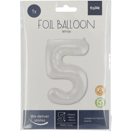 Folienballon Figur 5 Matt Weiß XL 86cm leer