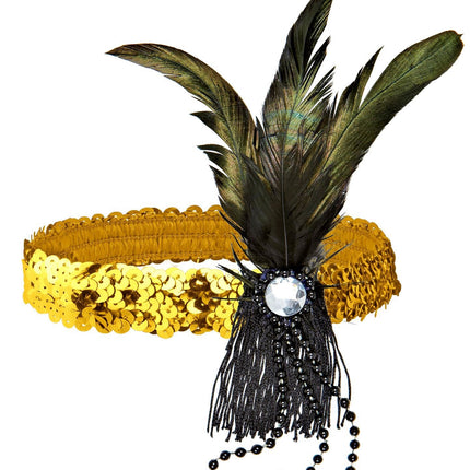 Goldenes Stirnband mit Pailletten und Federn