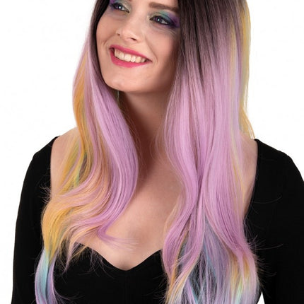 Perücke Selena Lang Mit Locken Pastell Regenbogen