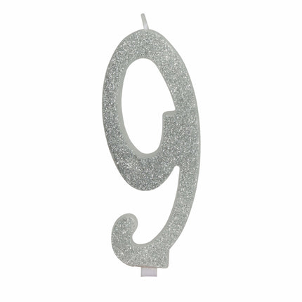 Silberne Kerze 9 Jahre Glitzer 12,5cm
