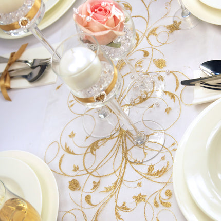 Vanille Creme Organza Stoff Gold Blumen 36cm 9m
