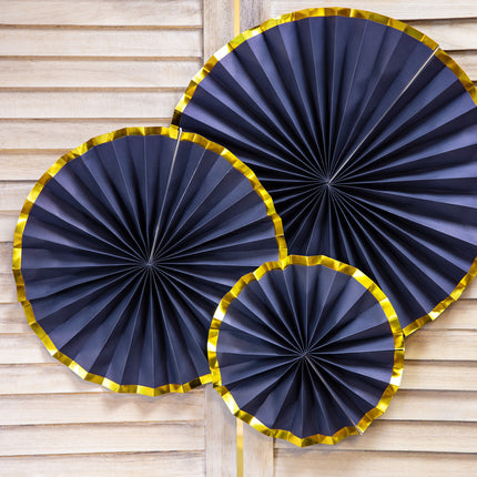 Papierfächer Dunkelblau Gold Set 23-40cm 3 Stück