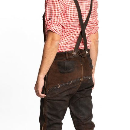 Lederhose Leder Lang Dunkelbraun Genäht und Hosenträger