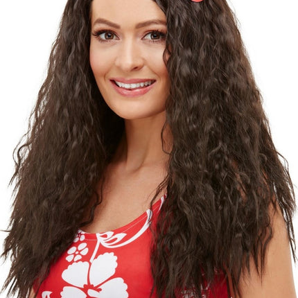 Hawaii Perücke Langes Haar Braun mit Blume Deluxe
