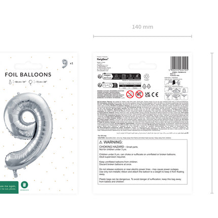 9 Jahre Figur Ballon Silber Leer 72cm