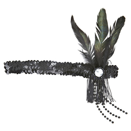 Schwarzes Stirnband mit Pailletten und Federn