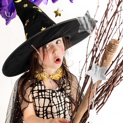 Schwarz-goldener Halloween-Hexenhut