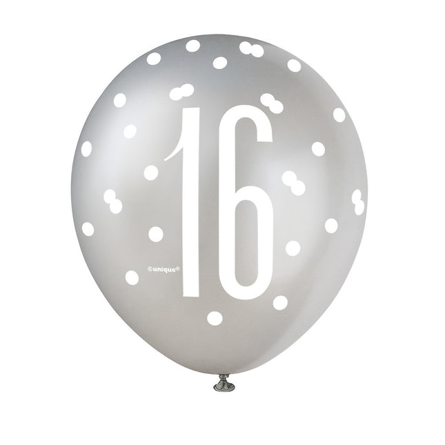 Ballons 16 Jahre Dots Schwarz 30cm 6Stück